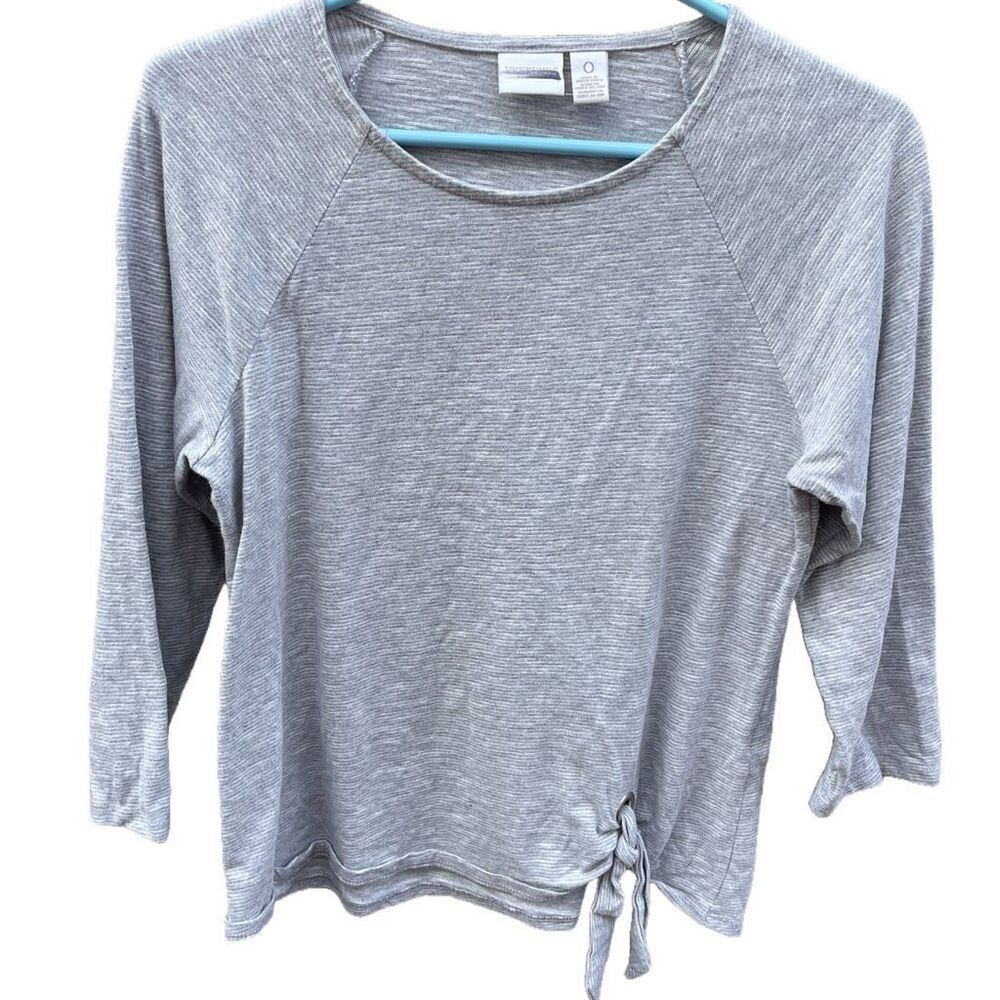 Chico’s size S tie front knit top in grey & white pinstripes